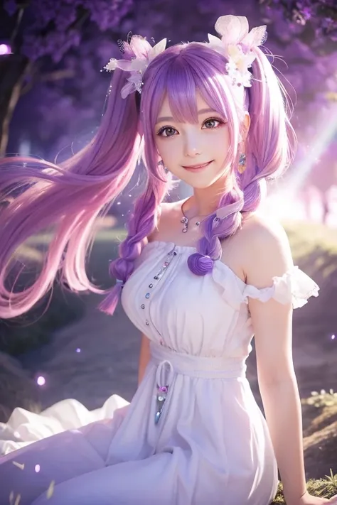 Anime Girl,white long dress, Twin tails ,pink and purple hair, Purple eyes, Jewels in hair, landscape,Particles of light, light, Side light, smile,Lying,Accessories,Genshin style,