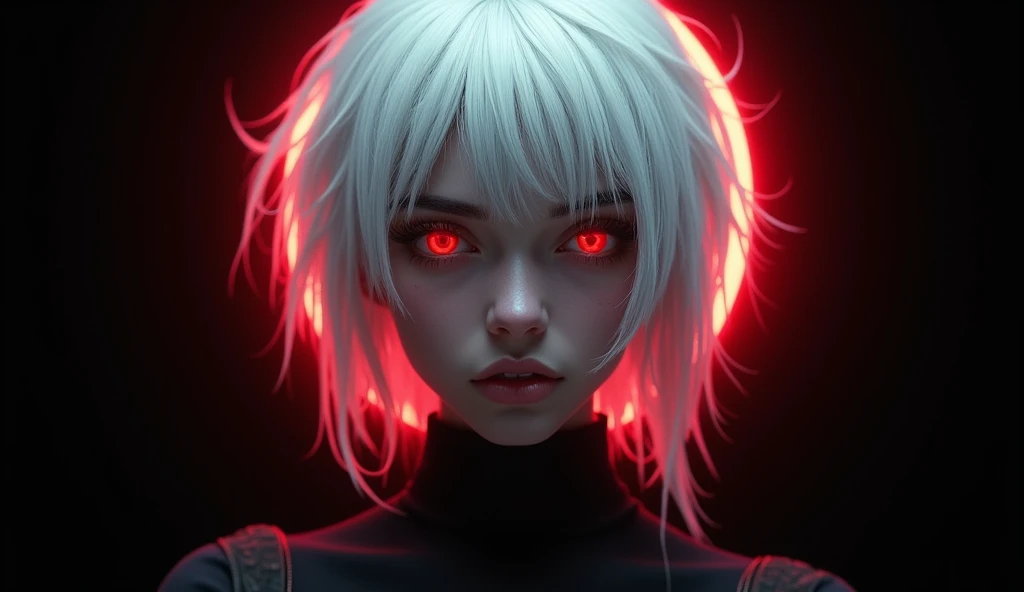 1girl, white hair, wild hair, red eyes, (white eyelashes:1.2), emotionless, red glow halo, (chromatic aberration:1.2), solo, digital dissolve, black bodysuit, 20 years old, mature, arrogant expression, black background, look at viewer 