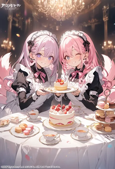 Two girls are enjoying tea at a table. They are wearing matching maid outfits, and the table is lined with cake towers, macarons and shortcakes. The first girl has light purple low twin-tail hair, and the second girl has pink high twin-tail hair. They have...