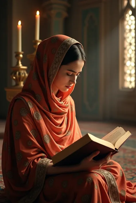 A beautiful indian woman wearing a hijab and reading a prayer 