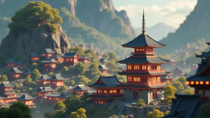 There are many houses winding and stretching, 3D rendering style, Cyberpunk Japanese Temple, Anime Landscape Concept Art, Draw as game concept art, Japanese 3D 8K Ultra Detailed, Stylized 3d rendering, Japanese house, Japanese art style, Pagoda Figures, 3D...