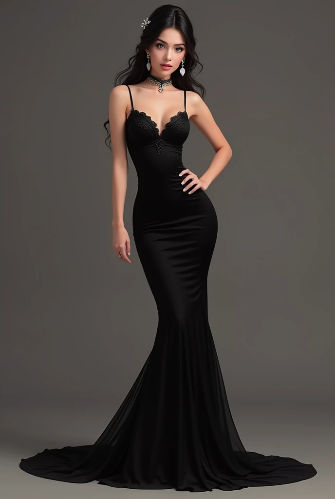 Girl with long black hair, and hair tied back in a bun with some elegant ornament blue eyes. with big breasts, slim with hips and ass, no belly. With a long black evening dress, with thin straps, Prom Dress, whole body. Long dress with a slit on the right ...