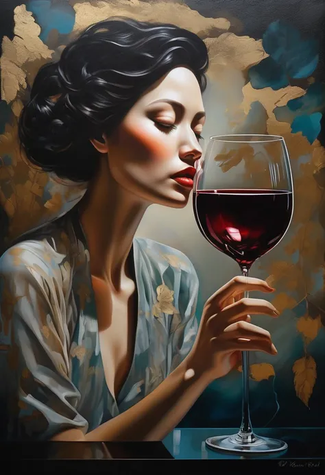 (Sensual illustration chiaroscuro), Illustration art, By Irina Kapi. Surrealism, Vintage Abstraction, (Holding a wine glass), (出窓の外の夜景を眺める女性のPainting:1.2), Super detailed、Crying woman, Highest quality, masterpiece, Painting, Concept Art, Emotional, Atmosph...