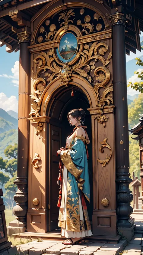 Located on the side of an old ancient mountain、A strange and ornate golden portal。There are several people around々is standing、It looks like they&#39;re setting up a research camp.。2 woman、Attractive Young Woman, (Beautiful Face:1.1), Detailed eyes, Seducti...