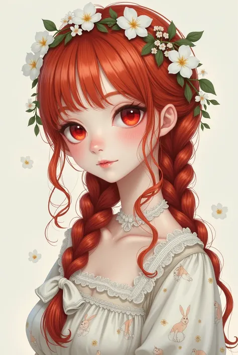 2d drawing of redhead teenager with waist-length braided hair, with white lolita dress with lace and bunny print. sweet face, red pupils and a crown of white flowers.