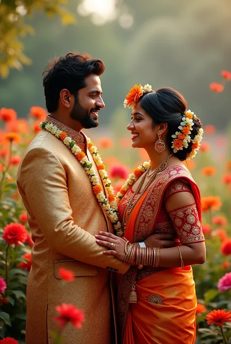 A beautiful groom wearing Indian style marriage saree putting flower on her head her expression was happy with smile. She showing navel on saree her background was garden with colourful flowers
