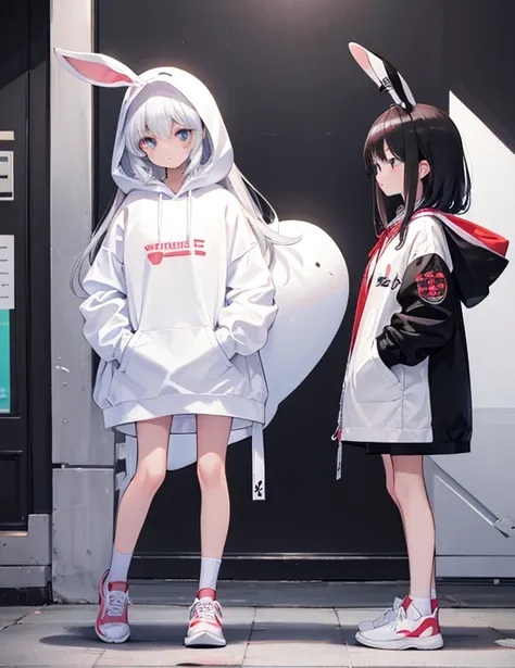 1 female,White Bunny Hoodie,Het Fong,Black and white sneakers,Are standing,whole,