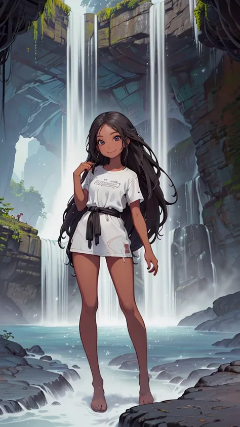 (Create a painting of black girl,
, long dreadlok hair, long wet tshirt, 
 washing hair,  standing , waterfall, facing the audience, full-body photo , cave background, cartoon style, high quality texture, high detailing, Beautiful detailed, fine detailed, ...