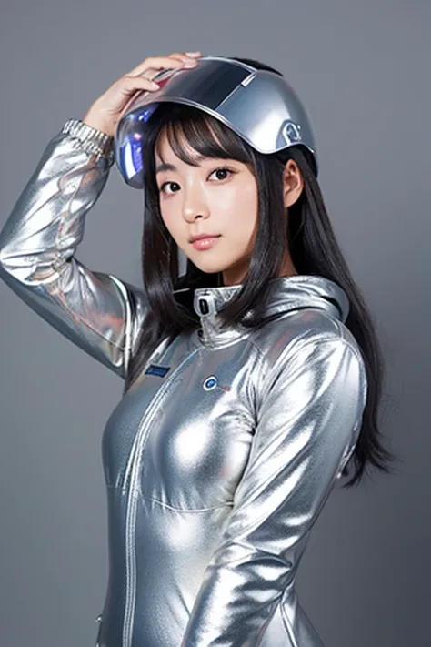 A Japanese girl posing in a silver metallic space suit, helmet and oxygen tank