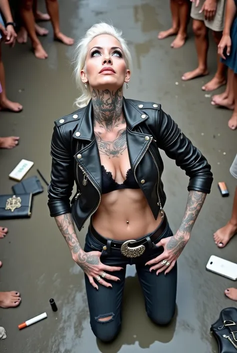 russian milf woman, grey  hair (high pompadour, top bun), with very light blue eyes, extremely pale skin. All neck tattooed. Hands and forearms all tattooed. Wearing cropped aged black moto jacket with lots of zippers and pins, flipped up collar.. black la...