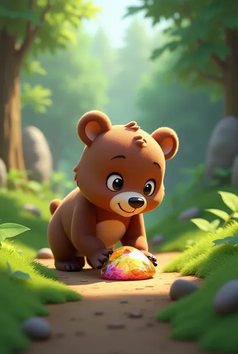 In 3d animation style "**Bear Finds the Shiny Stone**: A small bear discovering a shiny, colorful stone among lush greenery in the forest.