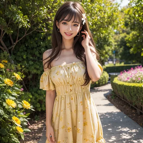 laughing out loud，travel scenery photos，Wear a cute dress，Dress with yellow flower pattern，1 female, On the face, light brown hair, blunt bangs, hair behind ears, Shoulder-length hair, long hair, Slender body type, 超face slimming型, face slimming, delicate ...