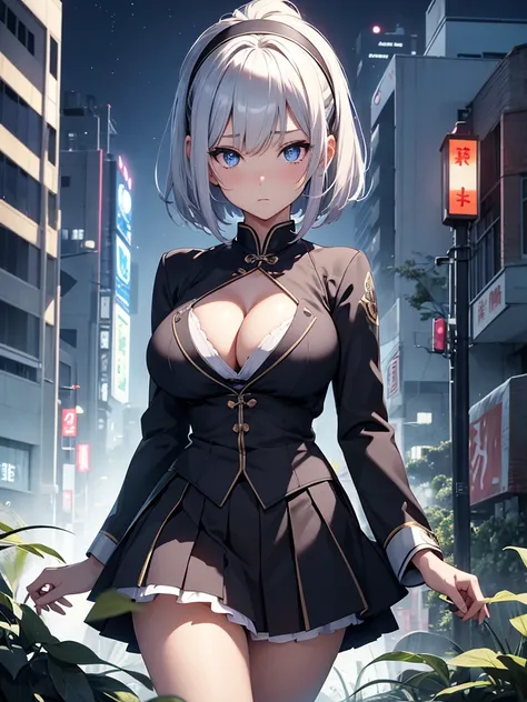 独奏, Female, sleeved, Japanese, アニメ, silver hair, (short cut), high school girl, ((tareme)), [big eyes], black iris, light blue eye, tall, [[curvy]], japanese idol, large breasts, cleavage, ((masterpiece)), ((high resolution)), ((best quality)), (ultra-deta...