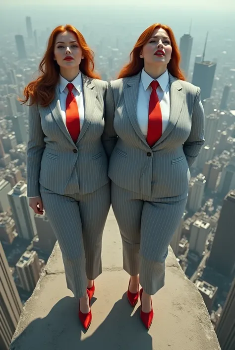 Aerial view of massive city, heels massive bigger than city’s , looking down from above, two women, curvy, very hourglass figre, a pair of huge breasts, light grey pinstriped suit, white tailored shirt, (large red necktie, tied in Windsor knot) waist-lengt...