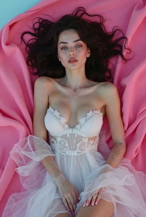 a beautiful young woman laying on top of a pink blanket, inspired by David LaChapelle, dress made of water, nathalie emmanuel, covered in salt, editorial model