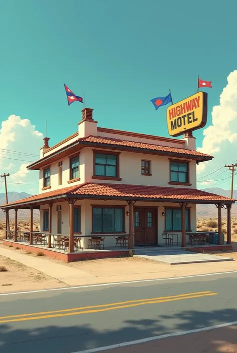 There is a motel name highway motel Nevada Motel which has 2 story building on L shape building looks, ground floor has open restaurant and building looks like classic design roof has cover with tiles and there is 10 rooms and building has nepali flags on ...