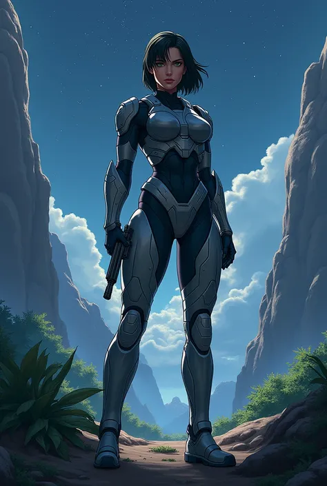 Halo, linda, Spartan woman sexy, 1girl, On an inhospitable planet, Full of vegetation Night anime