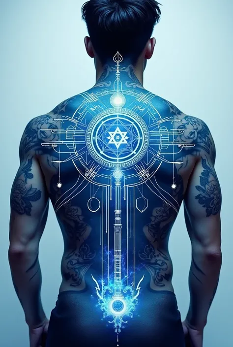 Develop a blue print sketch of a powerful tattoo that generates and charges the user with geometrical and vibrational powers include all symbols of wisdome and power and protection and elements and unified field  for men back 

Ok develop detail pluprint o...