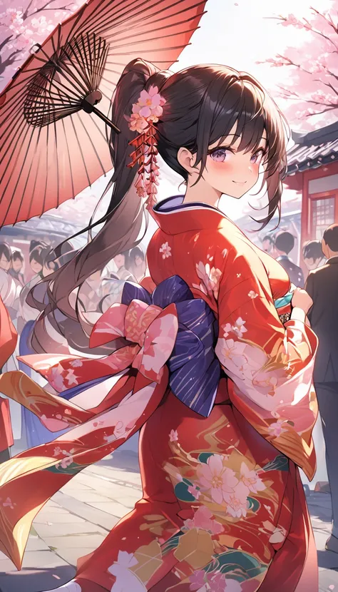 One Woman、beautiful girl、evening、kimono、Beautiful patterned kimono、ponytail、Waraji、School、Back of the school building、spring、cherry blossoms々、はためくcherry blossomsの花びら、Long Hair、Highest quality、Ultra HD、Black Hair、smile、8 heads、White tabi socks、Japanese Umbr...