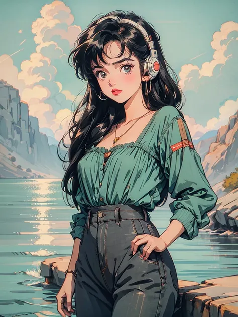 1 girl, 80s anime style, I have headphones on, coffee, Retro, Lo-Fi