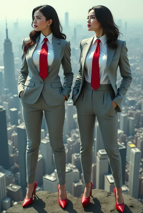 Aerial view of massive city, (heels massive bigger than city’s), looking down from above, two women, curvy, very hourglass figre, huge breasts, light grey pinstriped suit, white tailored shirt, (large red necktie, tied in Windsor knot) waist-length hair，We...