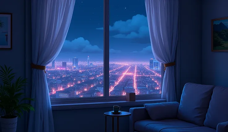 Outside the window is a neon city、night、Anime Style、coffee、There is no one、curtain、Cloudy、sofa、Painting