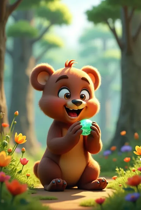 In 3d animation style Excited Bear with the Stone**: The little bear holding the shiny stone with excitement, surrounded by trees and flowers.