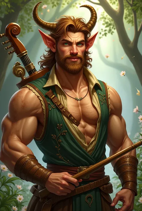 "A gallant and virile adult faun with small, refined horns that curve elegantly from his forehead. He has a jovial figure with a medium build, exuding both strength and warmth. His face, adorned with a well-kept beard resembling a goatee and a slender nose...