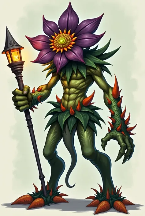 Character inspired by an exotic plant with a flower with dark purple that covers its shiny orange eyes a mouth in the shape of a plant that covers its eyes a lantern on its head a spike on its left arm legs agenda decorated with green and light orange legs...