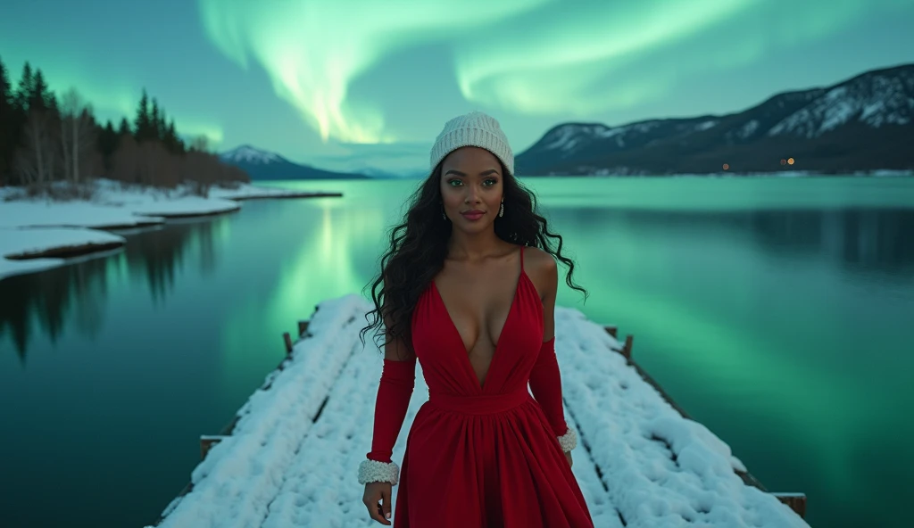 image haute qualité HD 16K, photo réaliste, vu plongeante, presque a vol doiseau, une femme, Freema Agyeman . les yeux vert, Ses yeux pétillent de malice, avec un regard rieur et taquin, léger sourire, comme si elle connaissait un secret. Elle marche dun p...