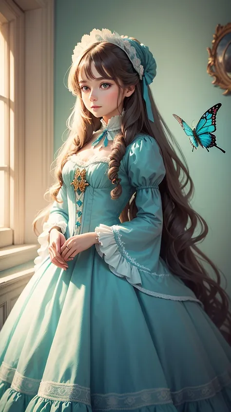 photo painting, pencil drawing, beautiful long-haired fair lady, 18th century stylish dress, soft turquoise color, butterflies fly around, soft turquoise colors milky white tones, on a soft smoky blue background, beautiful, high quality