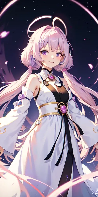 One person, white long dress, Twin tails,Perm,pink and purple hair, Purple eyes, night, Particles of light, light, Side light, destiny (series), Genshin Impact, ****, cloud,gem,Accessories,smile,