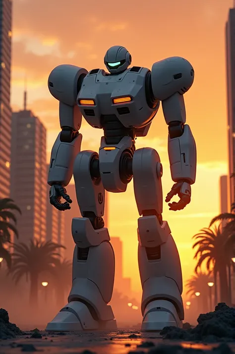 A big robot with enemy in city area with a sunrises