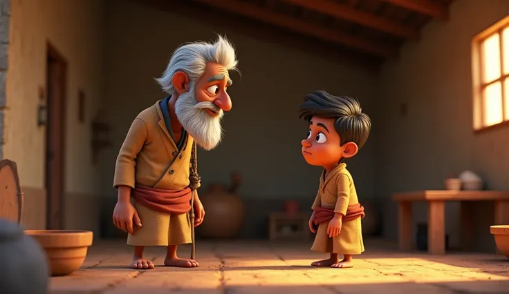 In 3D animation style:**Ram Lal and Mohan**: An old farmer, Ram Lal, with a concerned expression, talking to his young, naive son Mohan in a modest home.