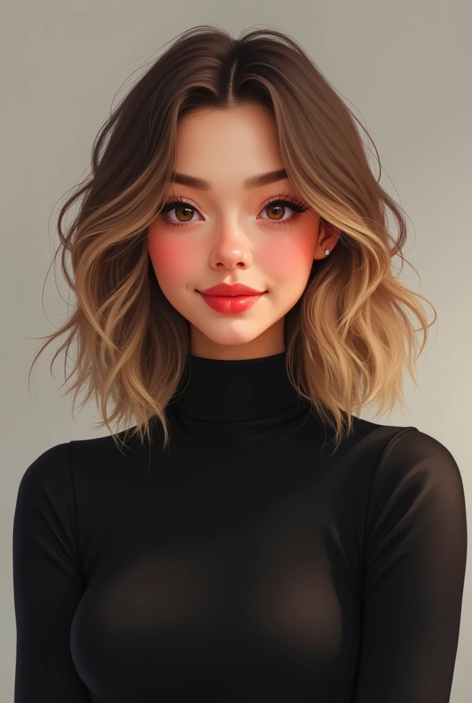 create an image of a girl with brown hair that has blonde highlights, cut at shoulder length. His skin is clear, but with a healthy tone. Her eyes are a warm brown color and her lips are painted a vibrant red.. Her cheeks have a slight blush, which gives i...