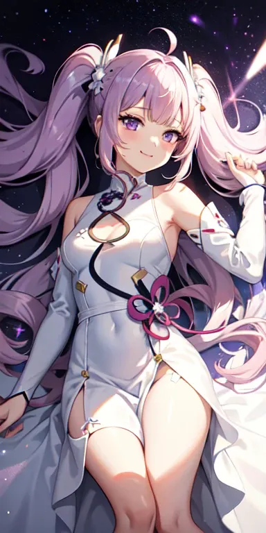 One person, white long dress, Twin tails,Perm,pink and purple hair, Purple eyes, noon,Lying, Particles of light, light, Side light, destiny (series), Genshin Impact, cloud,gem,Accessories,smile,