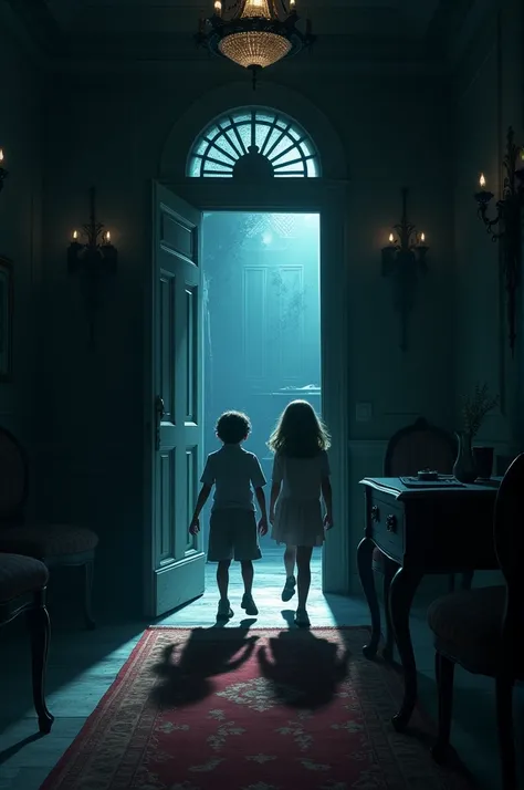  - **Prompt**: A tense, action-packed moment where the children are sneaking out of the mansion in the dark, with the secret door just closing behind them