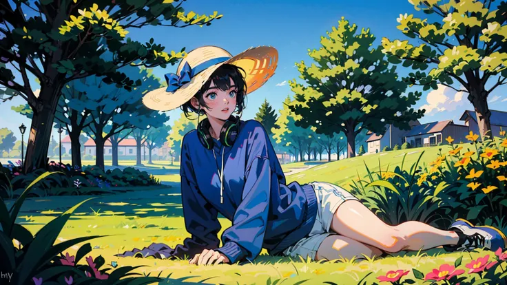 masterpiece,best quality,very detailed,absolute resolution,high resolution,Young Asian woman in a vibrant park landscape. Wearing a white hat, Navy blue sweatshirt with museum text in bright pink. White headphones on neck. casual pose, A slightly smiling a...