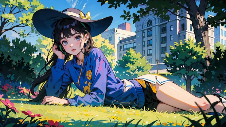 masterpiece,best quality,very detailed,absolute resolution,high resolution,Young Asian woman in a vibrant park landscape. Wearing a white hat, Navy blue sweatshirt with museum text in bright pink. White headphones on neck. casual pose, A slightly smiling a...