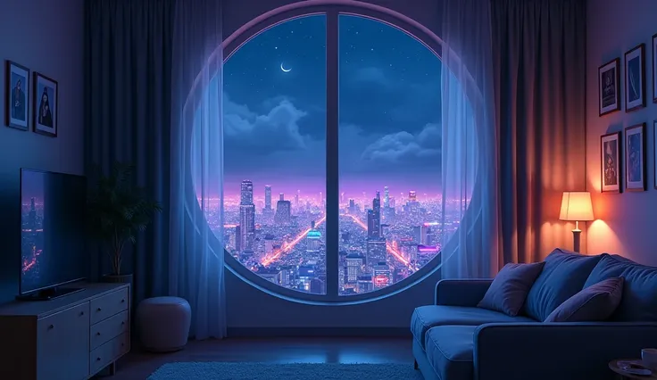 Outside the window is a neon city、night、Anime Style、coffee、There is no one、curtain、Cloudy、sofa、Lots of paintings、Round window