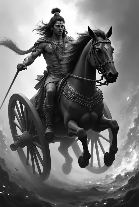 Abhimanyu took the wheel of the chariot and jumped with full power in black & white. Flames all around 