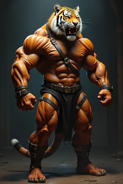 Muscular gay furry tiger in bondage gear