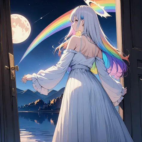 (((anime))) One Woman,Behind the door,Door on the lake,Heaven is at the door,Angel turning his back,Large iridescent feathers,Long Hair,(Rainbow Hair),Angel halo white camisole,Volume sleeve,Long skirt,Black boots,night,full moon,star,Backlight,masterpiece...