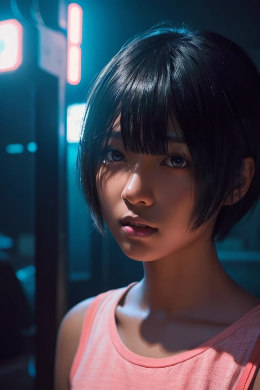 Hair cut short、Dark-skinned tomboy, An illustration：Aoiro Studio、Komori Masaaki, Super detailed, Neon Light, Cinema Lighting, Matte Paint, Painted in oil painting style, Trending on Art Station, modern art, Surreal and dreamy atmosphere.