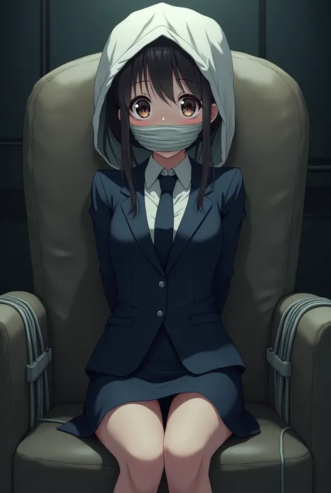 blindfold,gagged,kidnapped,duct tape,hands tape behind back
 behind back,suit and pencil 
skirt,bag covering head,anime girl,begging to be free tape to a chair


