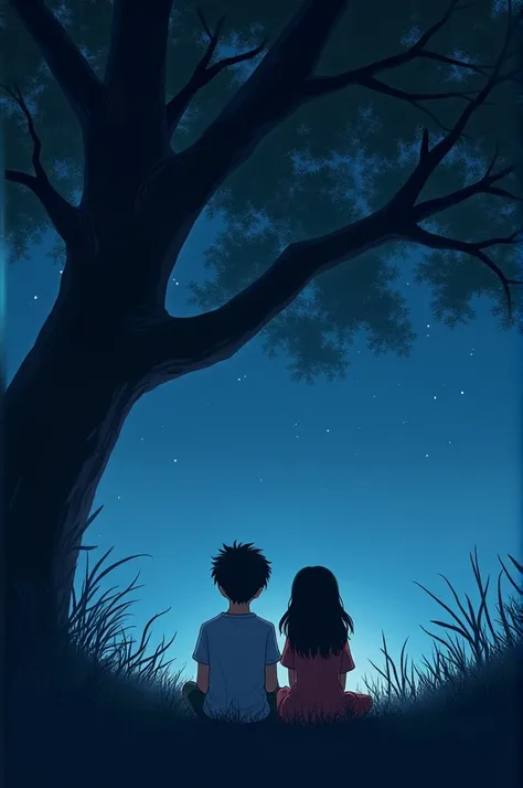 A boy and a girl sit under a tree night time back side photo