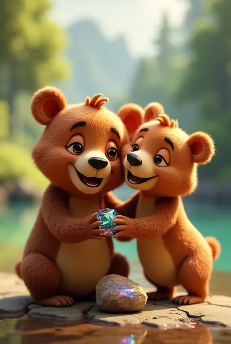      In 3d animation style Joyful Moment**: The bear and its mother smiling and enjoying the moment together, with the shiny stone prominently visible.