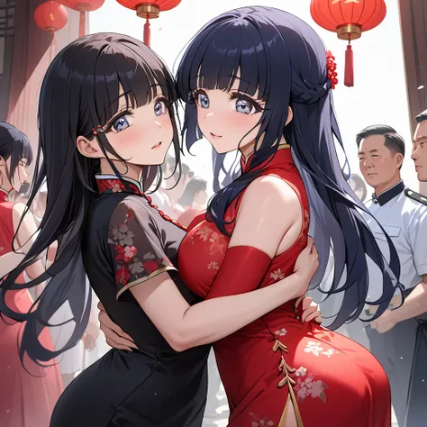 ((Highest quality)), ((masterpiece)), (detailed), （Perfect Face）、The woman is Reika Aoki with semi-long hair、The woman is wearing a gorgeous cheongsam for a party in China and is embracing a great Chinese Communist Party official in a frenzy.