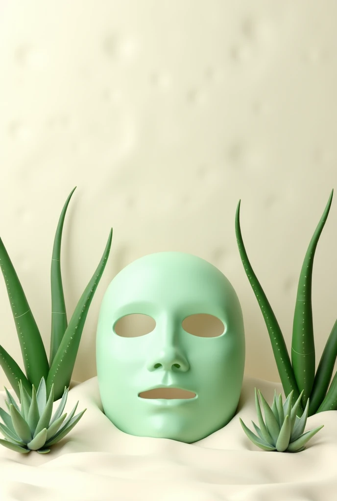 Créer un image avec un fond de texture crème blanche. Rajoute des masques de beauté vert et des plantes daloe vera. Ils faut que les objet rentre dans la crème 