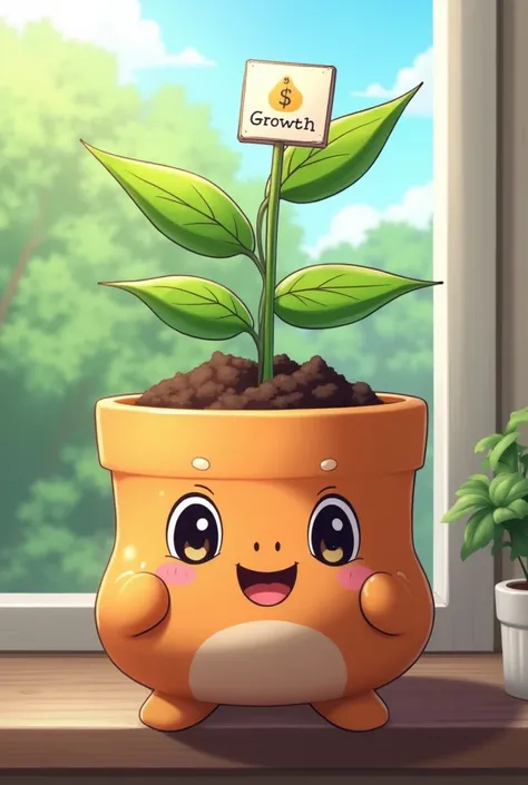 Create me a flower pot with soil in it there is a sign inside that a flower is growing here A growth symbol Anime Style 
